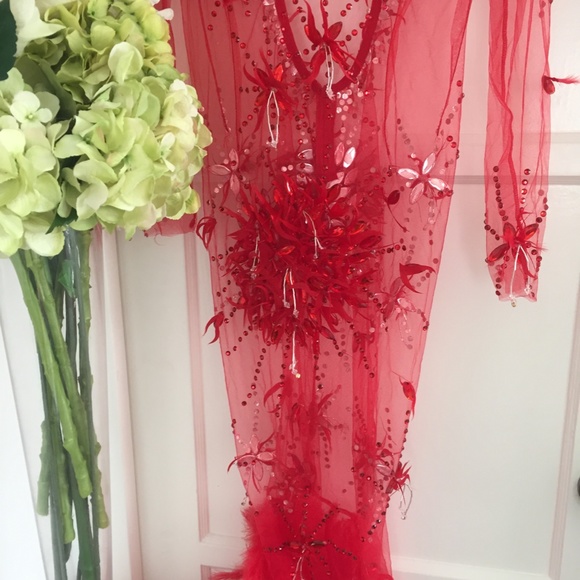 NEW! RED ANGEL DRESS HAND BEADED REAL FEATHER GOWN - Picture 7 of 15